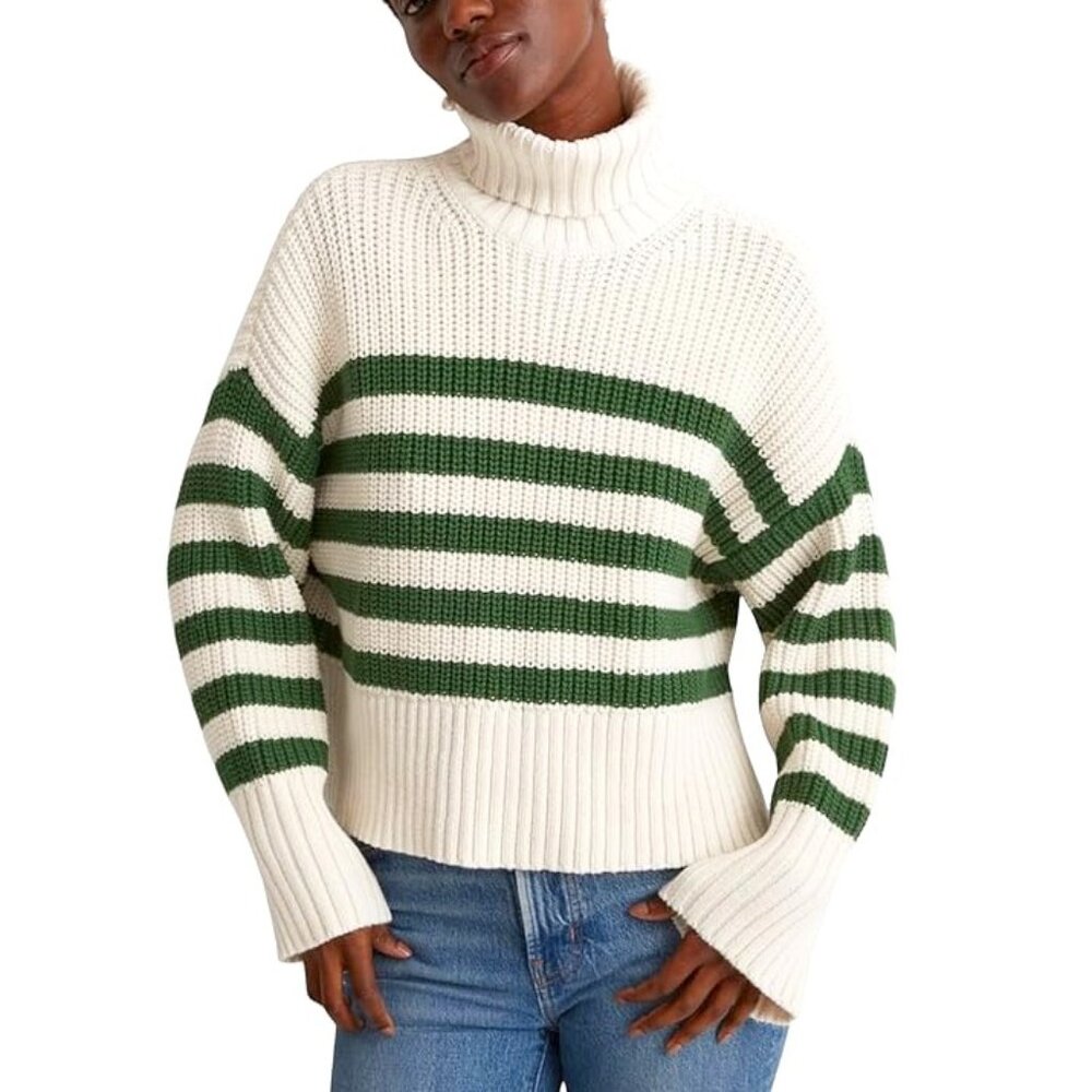 Madewell Sz L Wide Rib Mockneck Sweater Striped Antique Cream Varsity Green NWT
